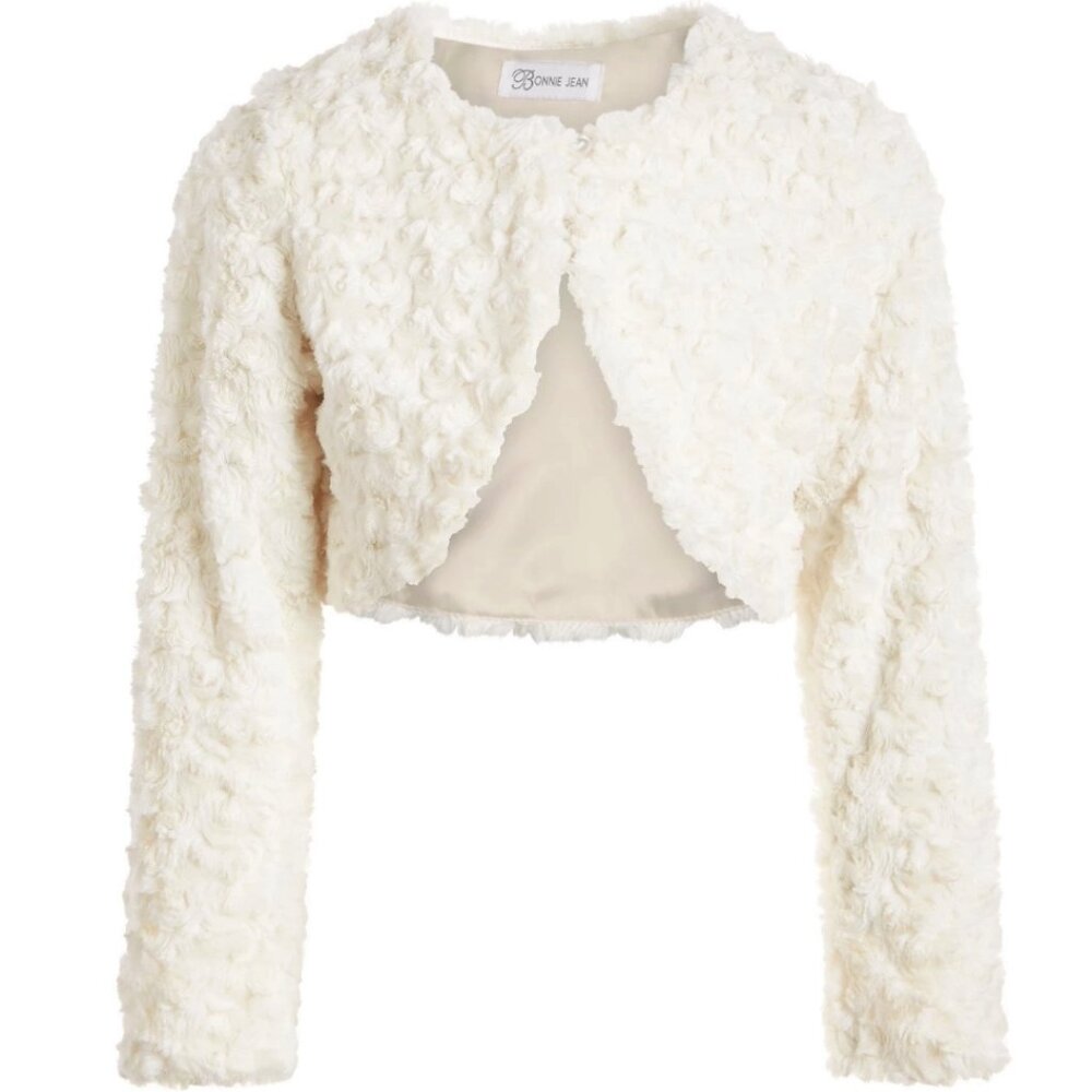 NEW  Bonnie Jean Girls Size 7-16 Ivory Faux Fur Swirl Shrug Sweater